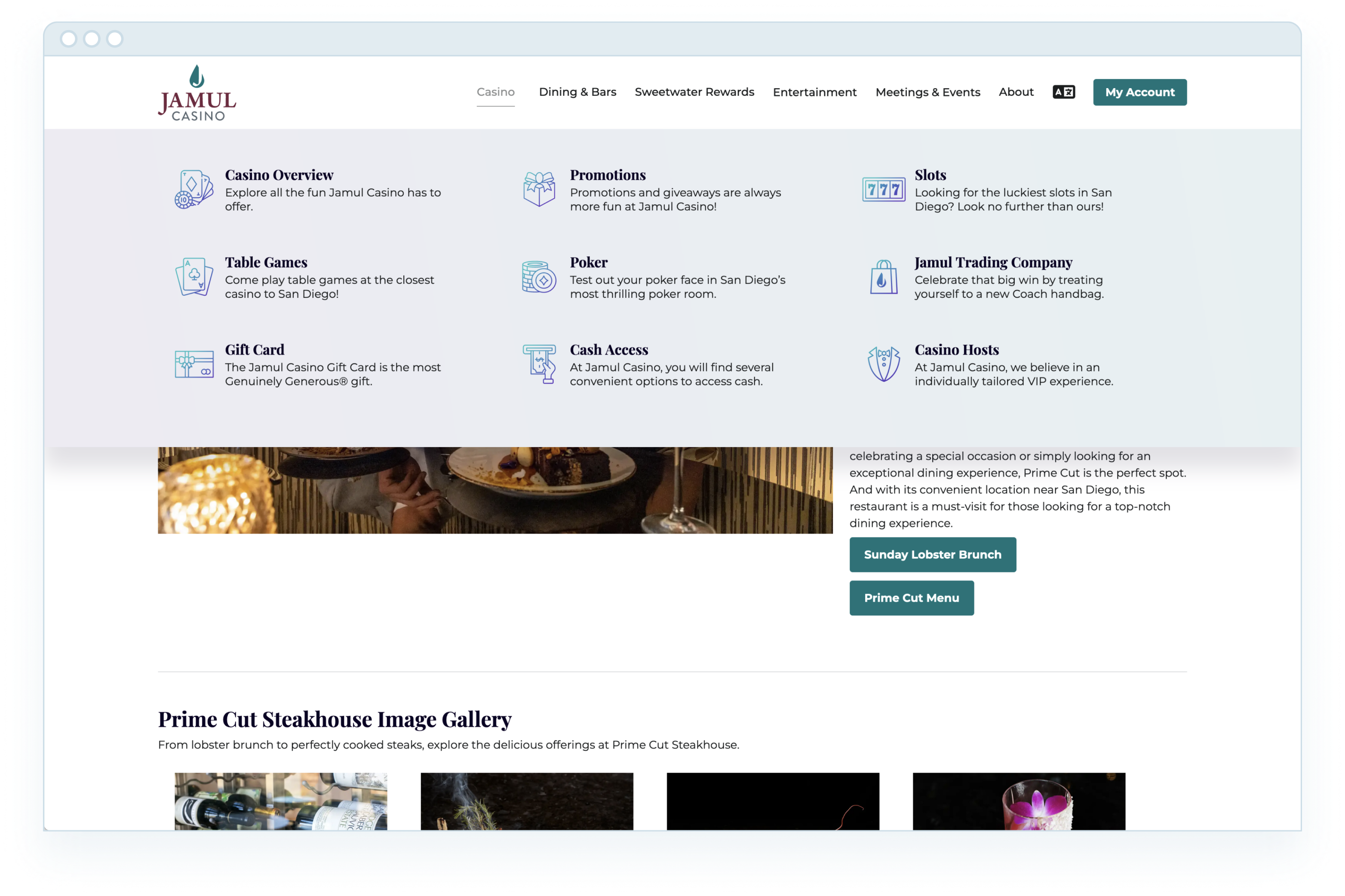 Jamul Casino website screenshot displaying mega menu