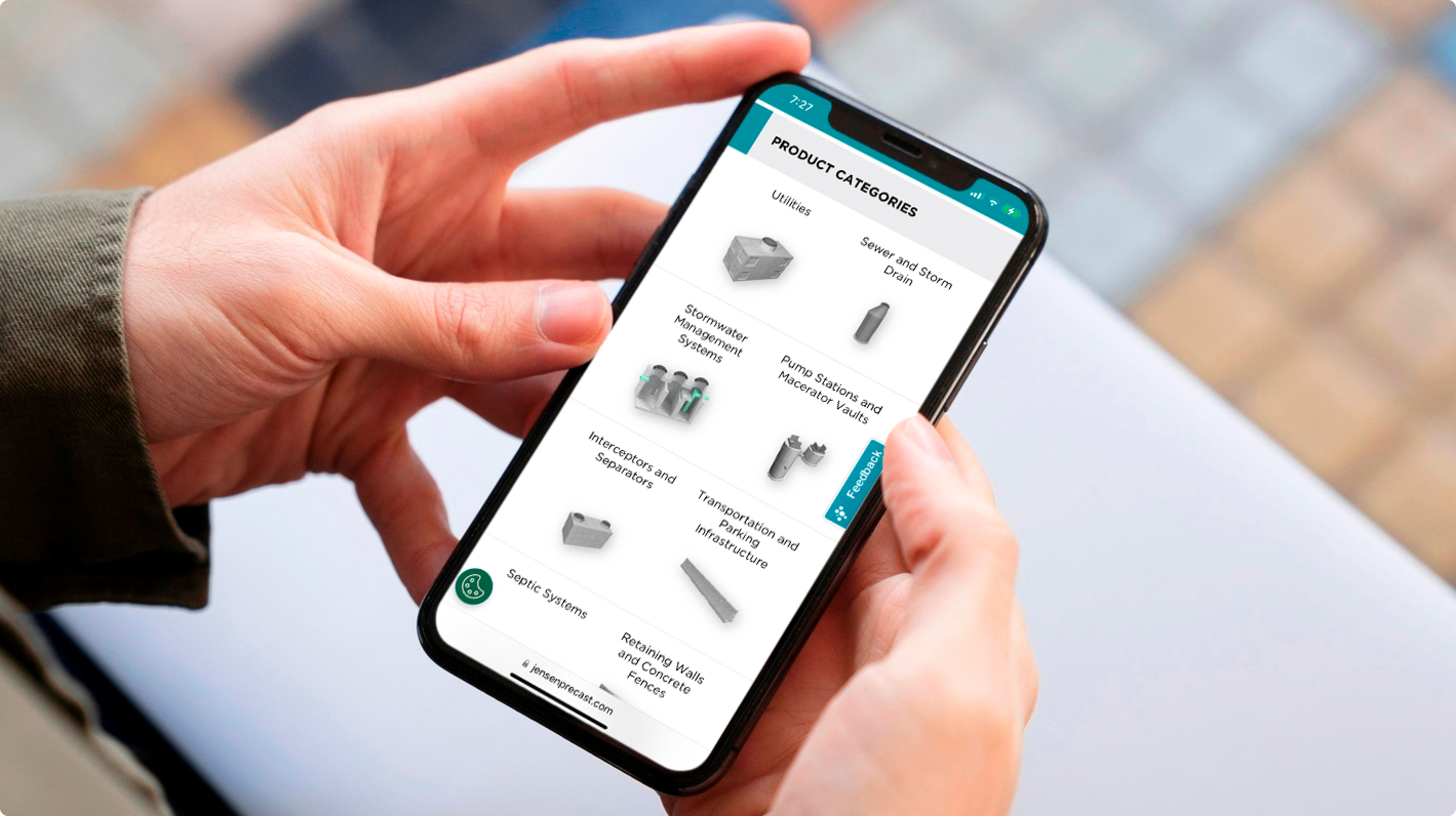 Product categories on the Jensen Infrastructure website, shown on a mobile phone