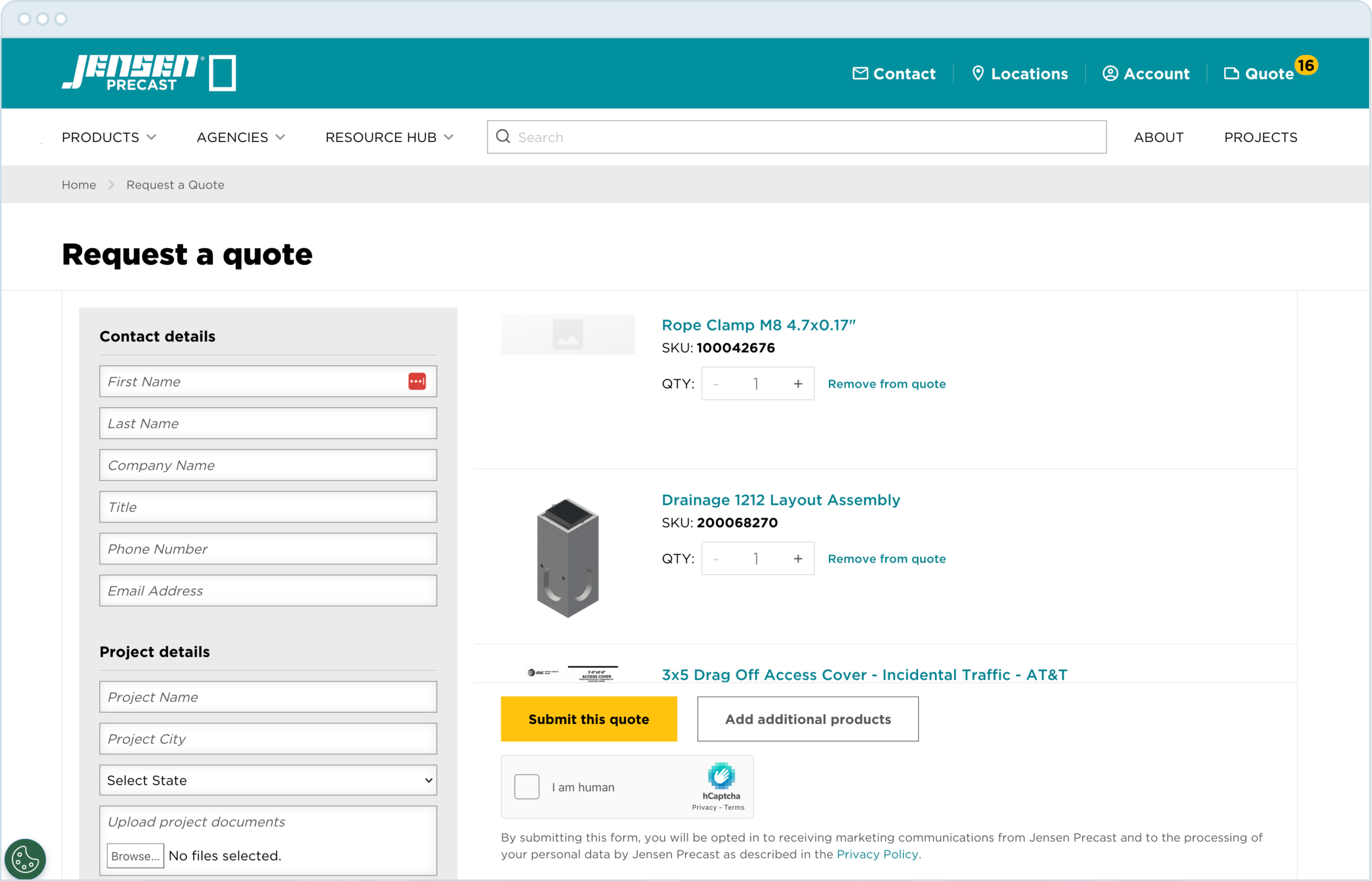 Request a quote page screenshot from the Jensen Infrastructure website