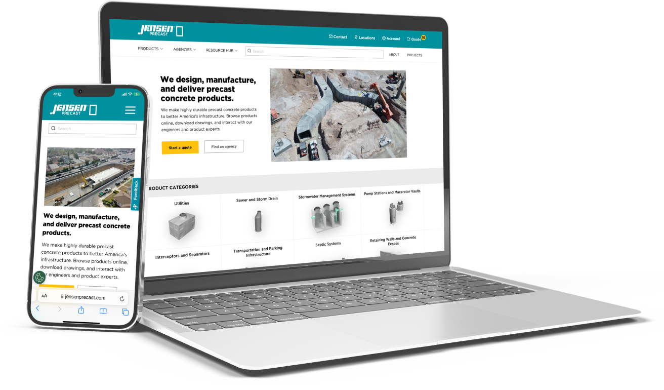 Jensen Precast website shown on a laptop and mobile phone - Reno website