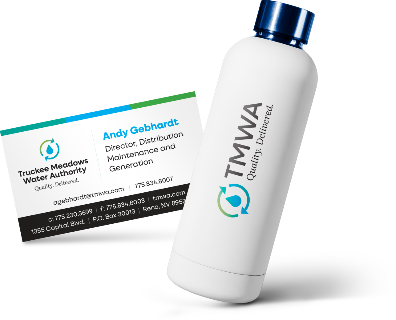 Truckee Meadows Water Authority (TMWA) business card and water bottle with logo design and branding by MeshCreative